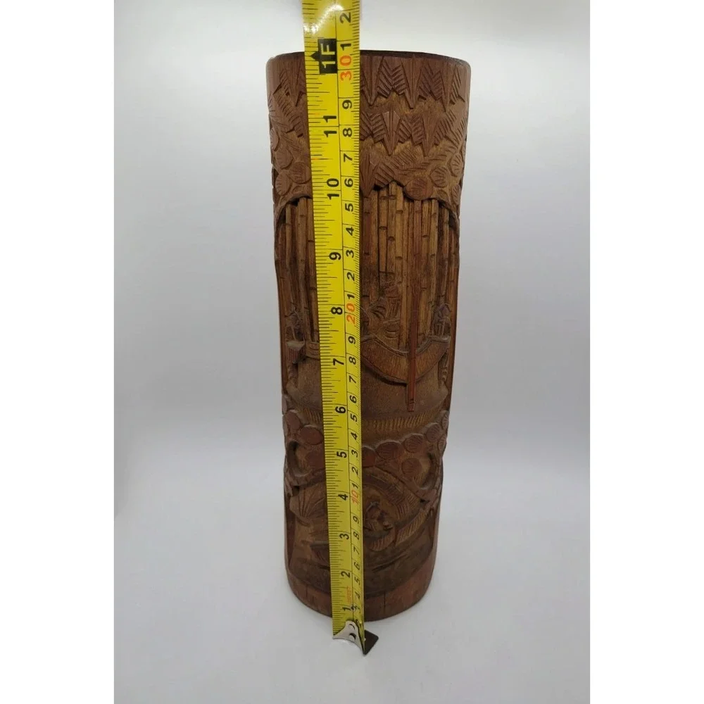 Chinese Bamboo Brush‎ Pot Carved Wooden Asian Flower Vase